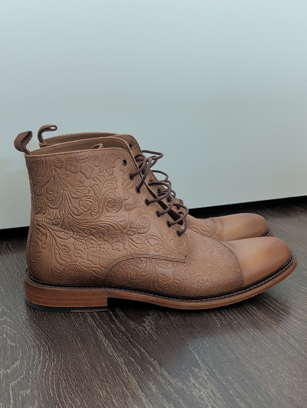 Men's Brown Embossed Leather Lace-Up Boots